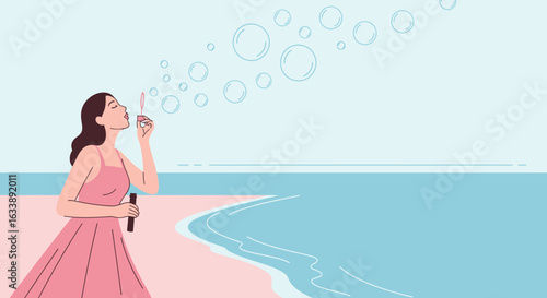 Girl Blowing Bubbles At The Beachside Enjoying Sunny Day Scenery