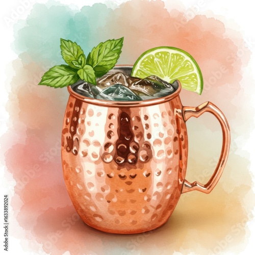 Refreshing moscow mule cocktail in a hammered copper mug with lime and mint garnish
