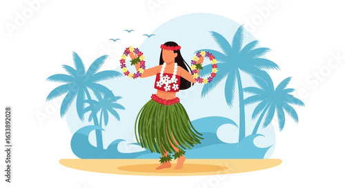 Hawaiian Hula Dancer Performing on Beach Paradise Surrounded by Palm Trees