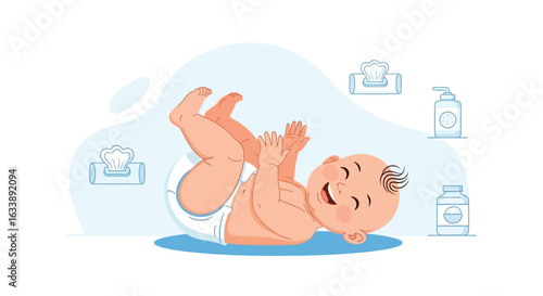 Happy Cartoon Baby Lying on Back in Diaper with Baby Care Accessories