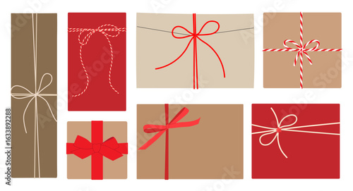 Gift box, present, packaging, envelope with bow, ribbon, rope with kraft paper tag. Set different sizes in flat style isolated on white background for birthday, New Year, Christmas. Vector EPS10