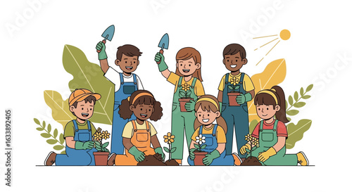 Happy Children Gardening Together Growing Flowers Outdoors in a Sunny Day