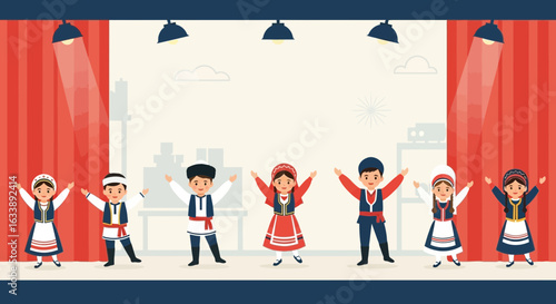 Happy Children Perform Traditional Dances With Colorful Costumes On Stage