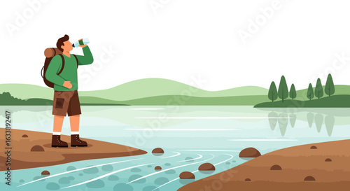 Hiker Refreshing Himself With Water During a Outdoor Adventure Near Lake