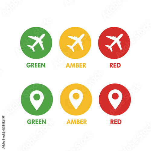 Traffic light icons airplane and location pins in green amber red