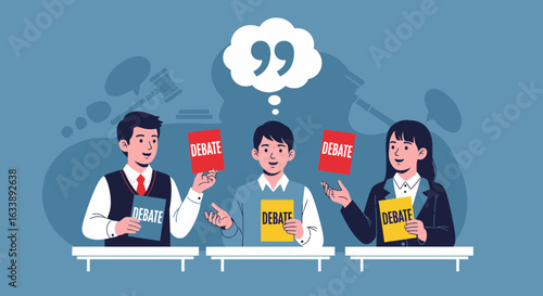 Illustrated Debate Club Meeting With Participants Presenting Differing Arguments