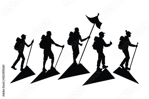 Group of hikers with backpacks and trekking poles reaching mountain peaks