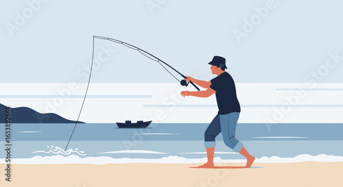 Illustrated fisherman casting fishing rod on a beach with boat on horizon showcases outdoor recreational activity
