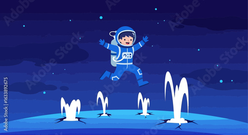 Happy Cosmonaut Jumping Above Planet Exoplanet With Geysers In Deep Space