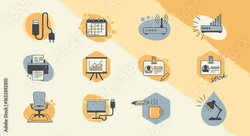 A diverse set of modern office and business icons, featuring essential equipment for workplace productivity and remote work in a flat design style.