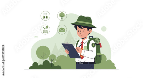Illustration Of A Park Ranger Taking Notes On A Clipboard In Nature