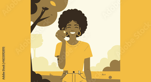 A joyful African American woman smiling while holding a fresh apple, embodying a concept of healthy living and wellness.