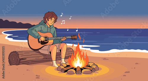 Illustration Of Man Enjoying Peaceful Beach Serenade With Guitar Next To Campfire