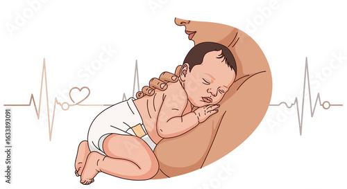 Illustration Of Newborn Resting Peacefully In Mother's Arm Representing Heartbeat