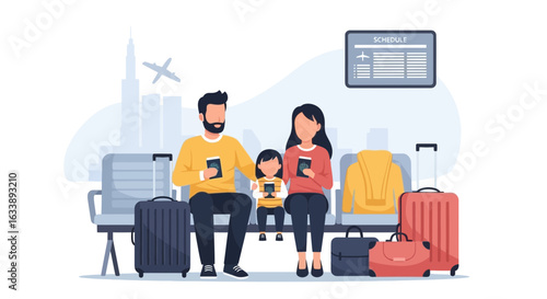 Happy Family Awaiting Departure at Airport with Luggage and Documents