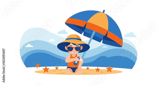 Girl On Beach Applying Sunscreen Under Umbrella During Summer Holiday