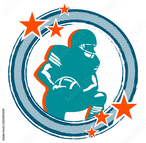 Aqua, orange, white and blue round frame with stars and football player, sport vector graphics, retro style