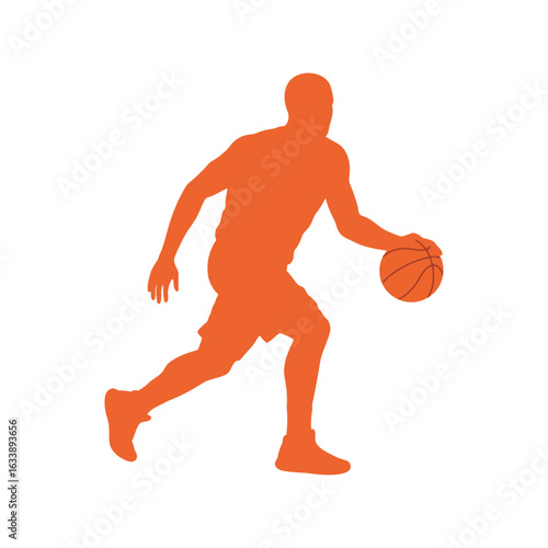 Orange basketball player silhouette dribbling ball athletic action sports graphic isolated vector