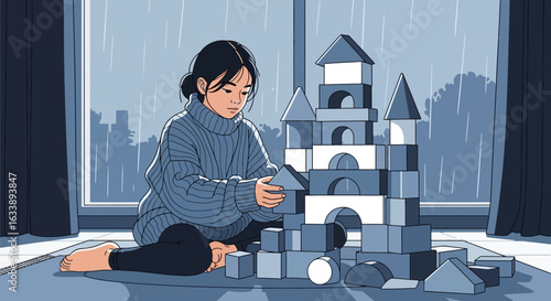 Girl Plays With Building Blocks On A Rainy Day At Home Near Window