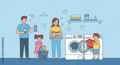 Happy Family Doing Laundry Together At Home With Washing Machines