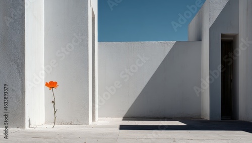 Bright orange flower in white architectural space