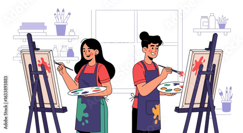 Illustrative Scene Of Two Artists Painting Together In A Bright Studio Environment