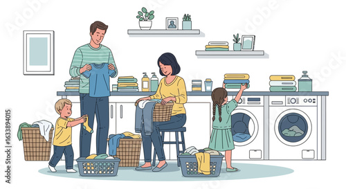 Happy Family Doing Laundry Together At Home In A Bright Laundry Room