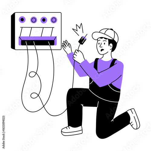Hand drawn illustration showing a person fixing wires 
