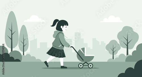 Girl Pushing Stroller In The Park With City Skyline Silhouette Background