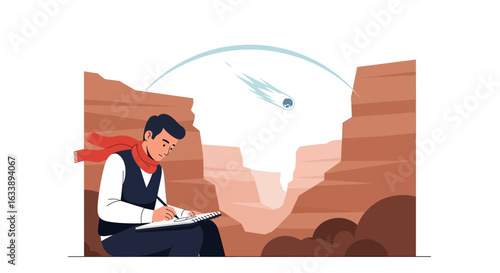 Illustrator Creates Grand Canyon Landscape Drawing with Shooting Star
