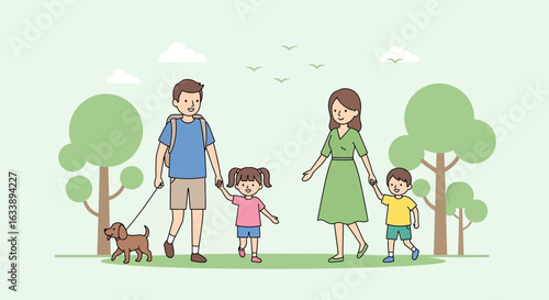 Happy Family Enjoying A Day Outdoors Together In Nature Park Cartoon Illustration