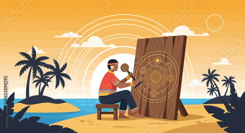 Indigenous Artist Carving Wooden Canvas With Traditional Symbols on Tropical Beach