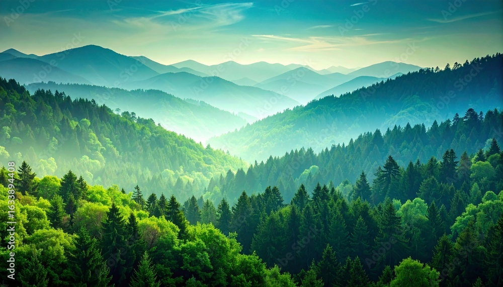 Fototapeta premium Serene forested mountain range with lush greenery and layered peaks under a soft, clear sky.