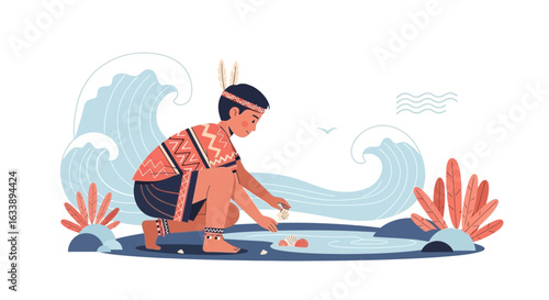 Indigenous Boy Plays With Shells By The Sea Illustration Vector Art