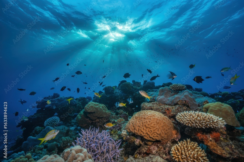 Obraz premium Underwater coral reef with colorful fish and sun rays in the ocean