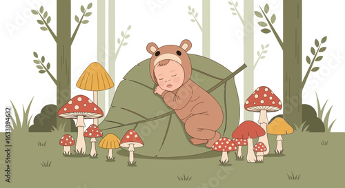 Infant Asleep on Leaf in Dreamy Forest Illustration with Mushroom Detail