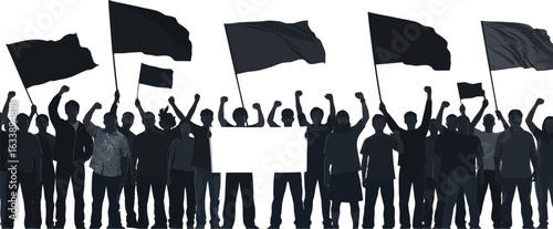 Crowd protesting for change, marching with flags and banner