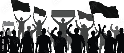 Passionate crowd protesting holding flags and signs aloft