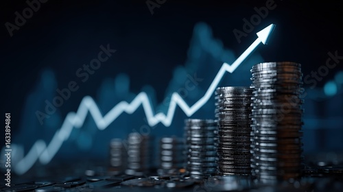 Financial Growth Concept: Coin Stacks and Upward Trend Arrow
