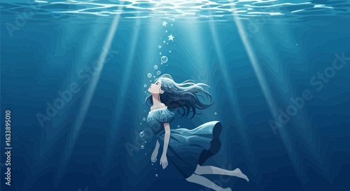 Girl Undersea Floating In Deep Water With Sunrays And Bubbles Forming Stars