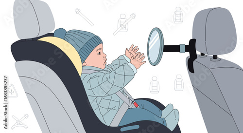 Infant's Fascination In Car Mirror A Captivating And Safe Baby Travel Concept