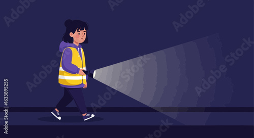 Girl With Flashlight In The Night Walking Alone In Dark Place