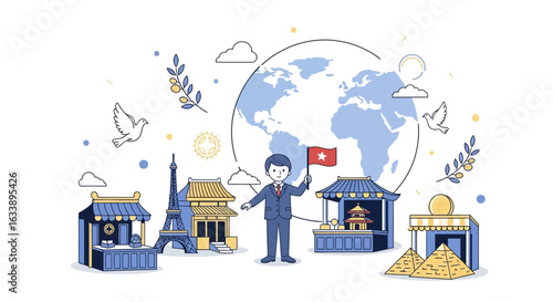 Global Business And Travel Illustration, World Landmarks With A Businessman