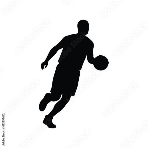 Basketball player silhouette dribbling ball athletic action sports vector graphic isolated on white