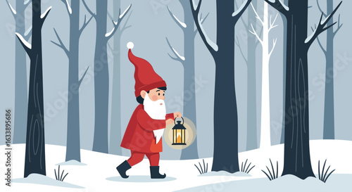 Gnome With Lantern Walking Through Snowy Forest Illustration Graphic
