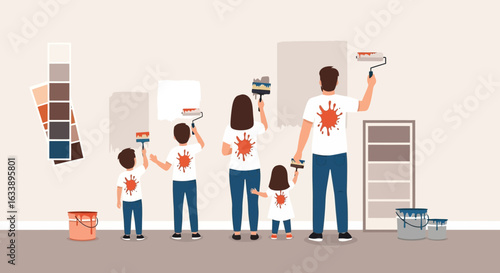 Happy Family Having Fun Painting Home Together In A Vector Illustration