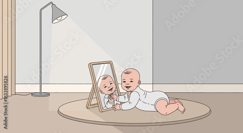 Inquisitive Infant Gazing At Mirror Reflection Exploring Self Discovery At Home