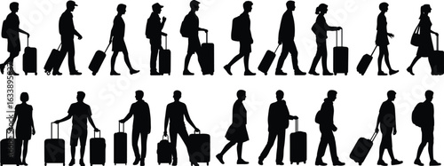 Silhouettes of travelers with luggage, walking poses, airport journey concept, suitcase pulling, travel lifestyle illustration for tourism, mobility, business trip, and vacation themes