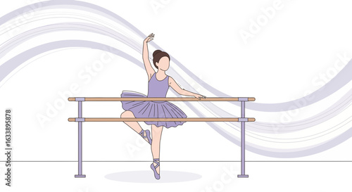 Graceful Ballerina Practicing Ballet Position at the Barre in Studio