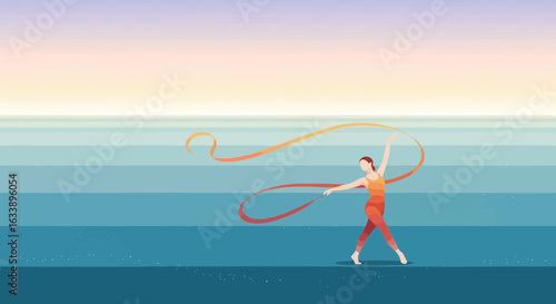 Graceful Rhythmic Gymnastics Performance By The Sea At Peaceful Sunset